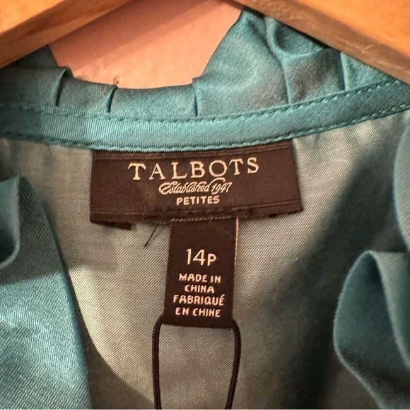 Talbots Turquoise Silk Cotton Ruffle  Bib Top Blouse Womens Size 14P NWT - Picture 7 of 9